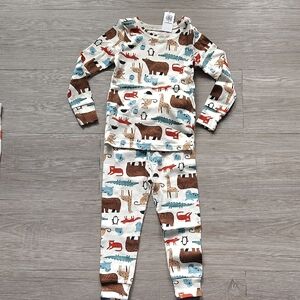 Old Navy Cream Kids Pajama Set with Brown, Blue & Red Animal Print